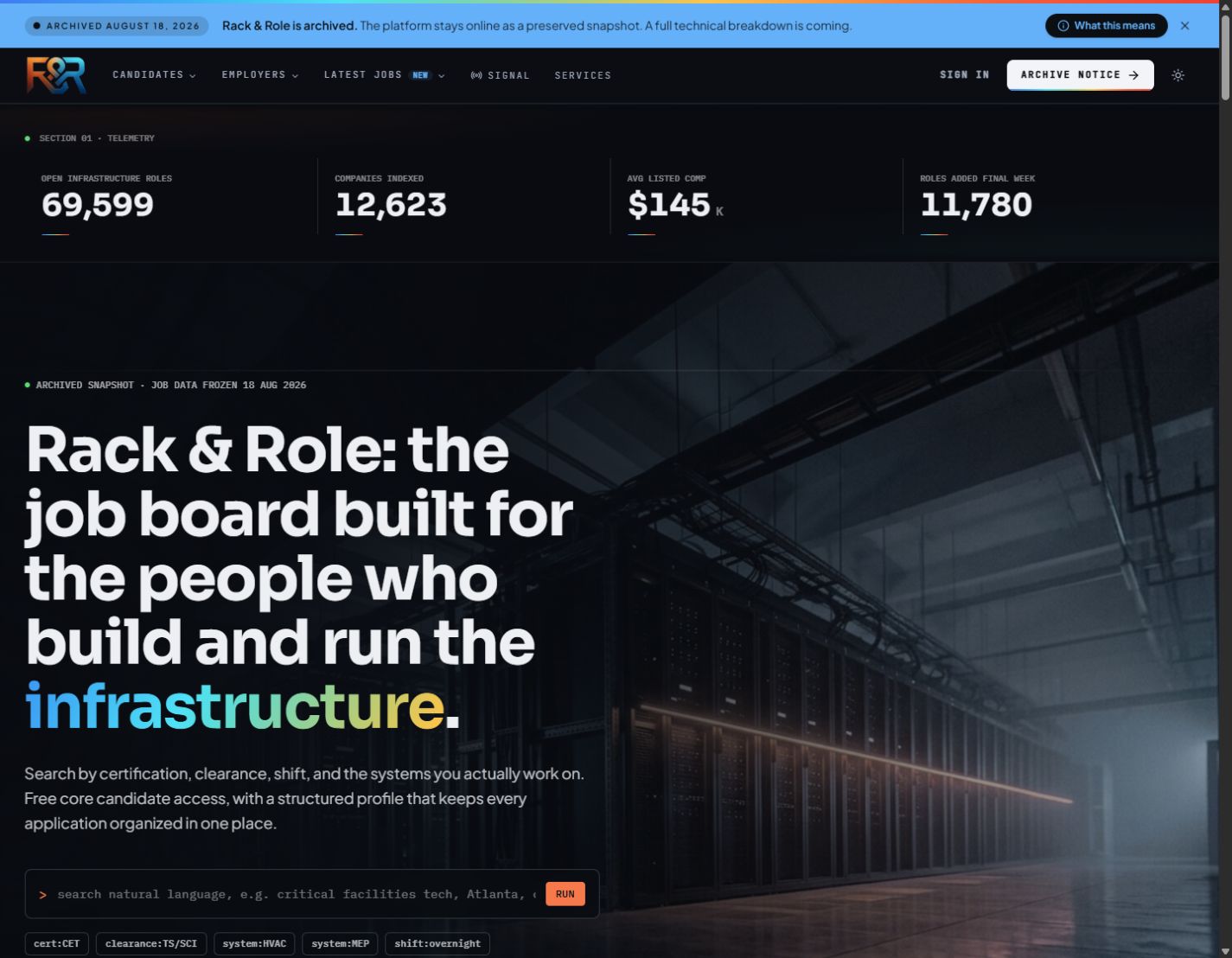 Actual Rack & Role homepage, with its archived-project notice and product introduction.